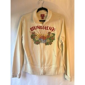 • LUCKY BRAND • RARE FIND• 90s VINTAGE WHITE FULL ZIP SWEATSHIRT w/FLORAL DESIGN
